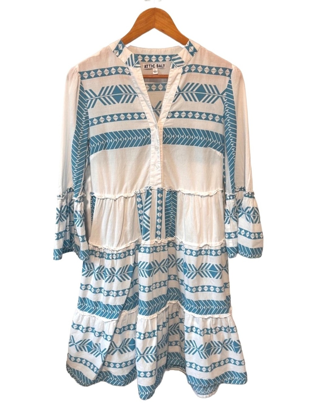 Attic Salt | Cotton Blue White Geometric Tiered Bell Sleeve Boho Dress Size L